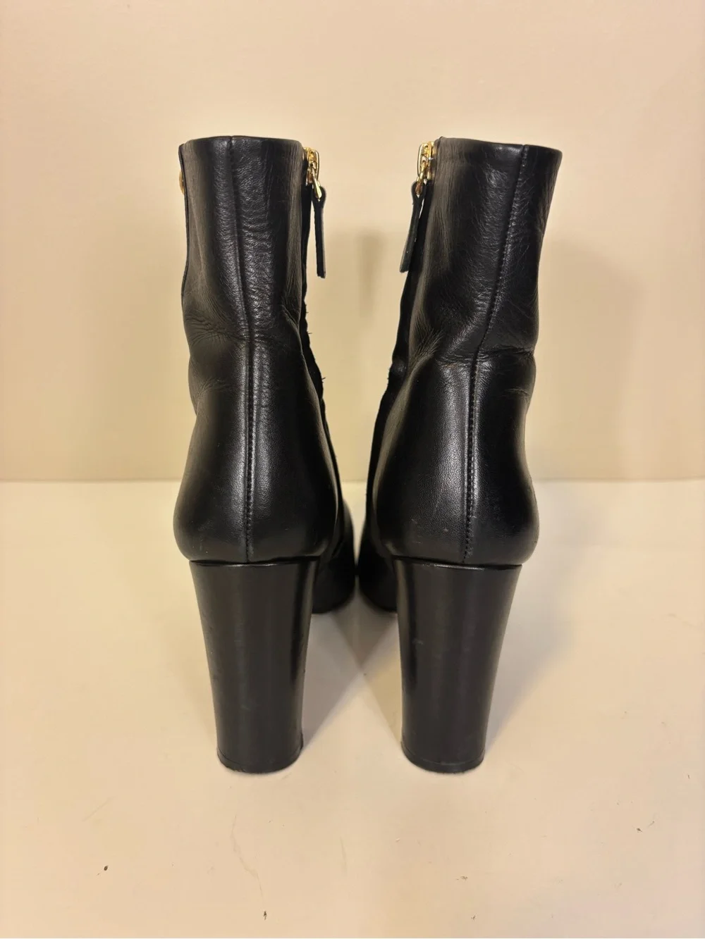 Tory Burch Black Leather Pointed Toe Heeled Booties with Gold Logo Women’s 8